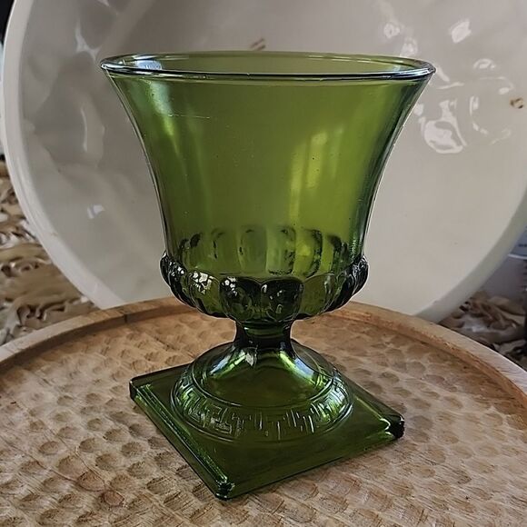 Vintage Avocado Green Pressed Glass Pedestal Vase - Picture 1 of 6